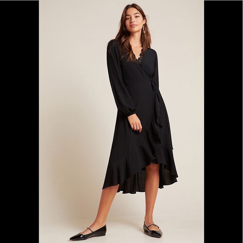 ANTHROPOLOGIE PORRIDGE Blk Angel Lace Wrap Dress M